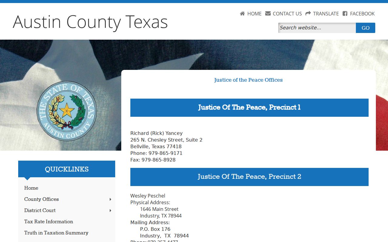 Austin County traffic warrant records: four JP precinct routing directory
