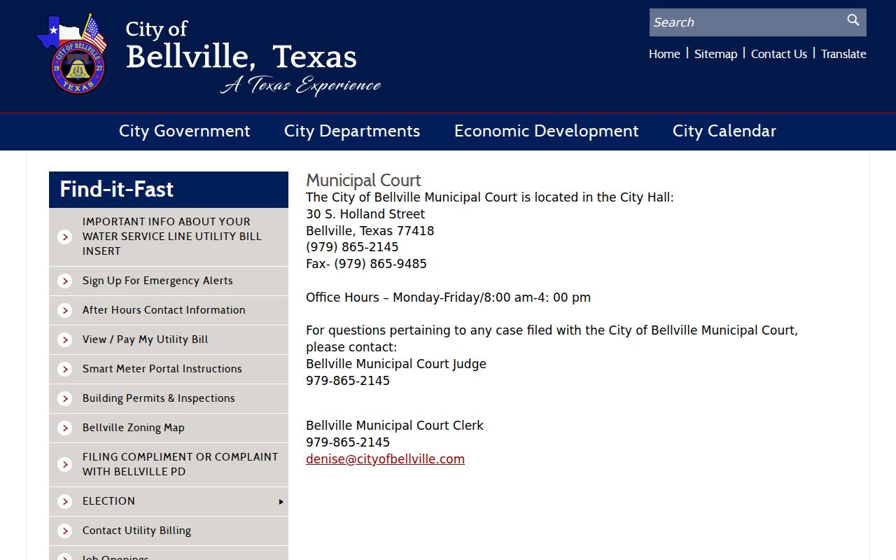 Austin County Bellville warrant records: Bellville Municipal Court information page