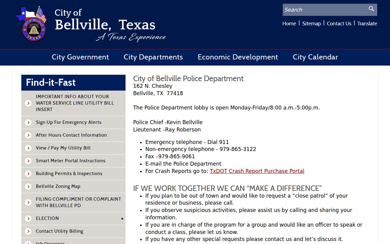 Austin County city court warrant records: Bellville Police Department contact page