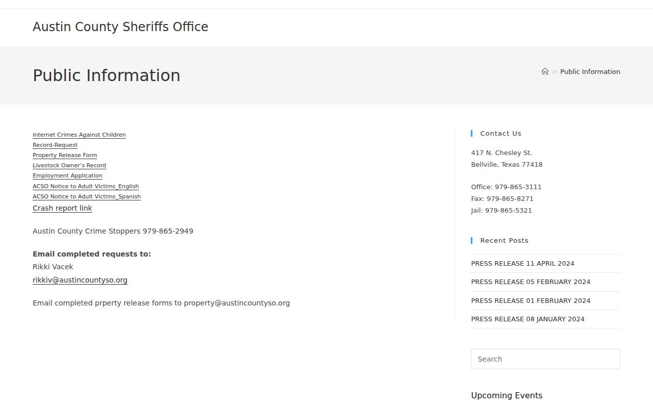 Austin County warrant records: Sheriff’s Office public-information request route