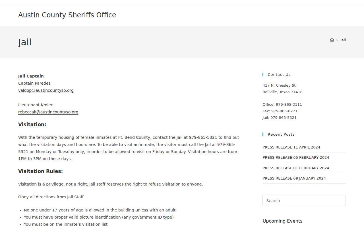 Austin County warrant records: official jail contact and visitation page